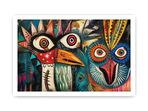 abstract tribal bird colorful modern wall art bold eyes textured canvas
