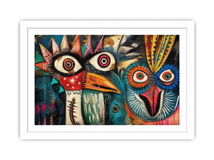abstract tribal bird colorful modern wall art bold eyes textured canvas