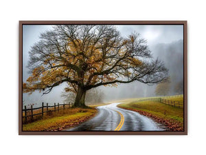 Foggy autumn countryside road with large tree and winding path rustic landscape wall art
