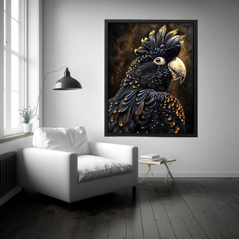 black cockatoo portrait dark luxury wall art gold accents wildlife canvas decor