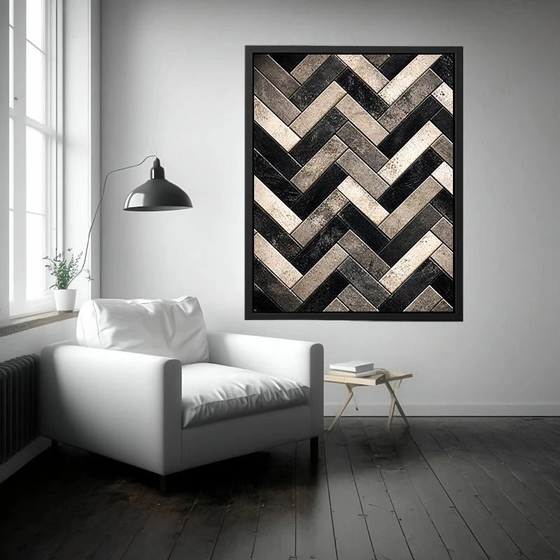 black white herringbone textured modern luxury wall art neutral geometric canvas decor