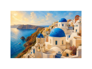 santorini blue domes mediterranean coastal wall art travel canvas decor