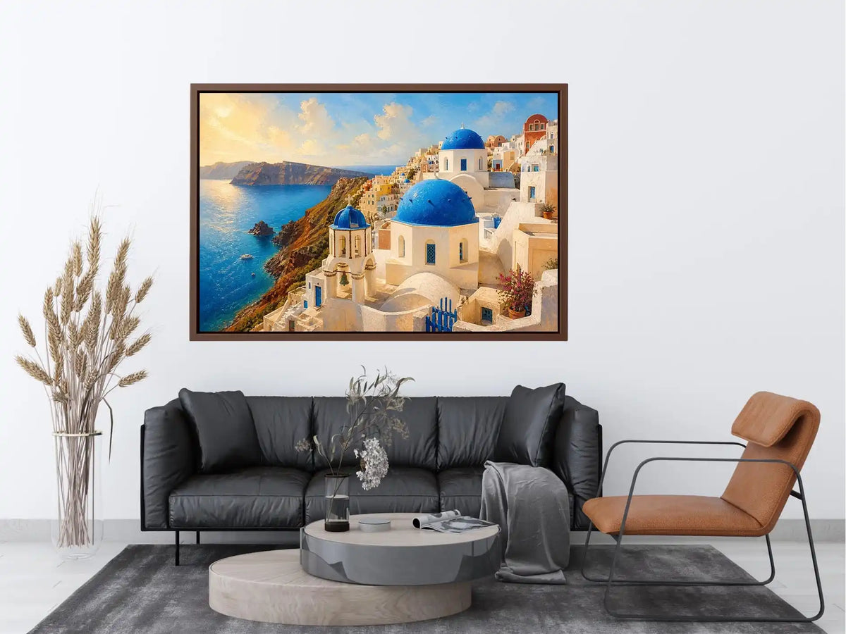 santorini blue domes mediterranean coastal wall art travel canvas decor