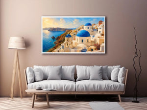 santorini blue domes mediterranean coastal wall art travel canvas decor