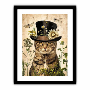 Vintage botanical cat portrait with floral hat, neutral tones, and antique illustration style luxury wall art