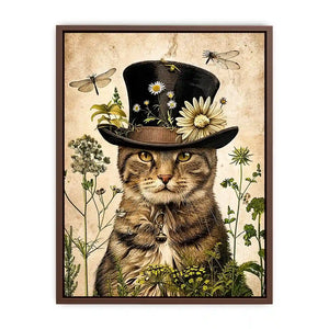 Vintage botanical cat portrait with floral hat, neutral tones, and antique illustration style luxury wall art