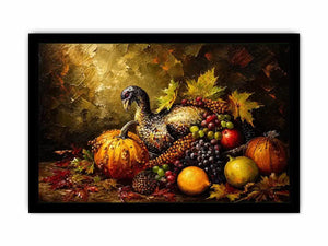 Autumn harvest still life painting with turkey, pumpkins, grapes and warm rustic tones luxury wall art