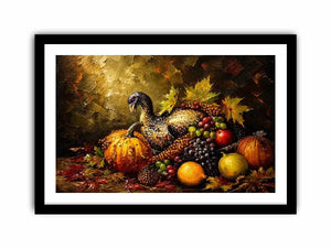 Autumn harvest still life painting with turkey, pumpkins, grapes and warm rustic tones luxury wall art