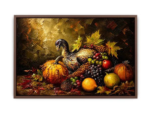 Autumn harvest still life painting with turkey, pumpkins, grapes and warm rustic tones luxury wall art