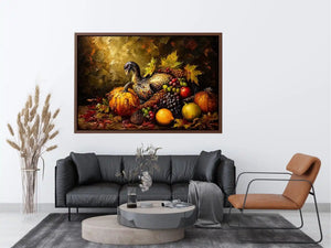 Autumn harvest still life painting with turkey, pumpkins, grapes and warm rustic tones luxury wall art