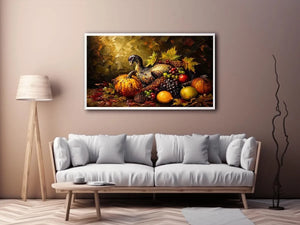 Autumn harvest still life painting with turkey, pumpkins, grapes and warm rustic tones luxury wall art
