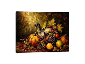 Autumn harvest still life painting with turkey, pumpkins, grapes and warm rustic tones luxury wall art