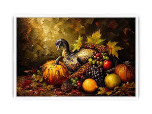 Autumn harvest still life painting with turkey, pumpkins, grapes and warm rustic tones luxury wall art