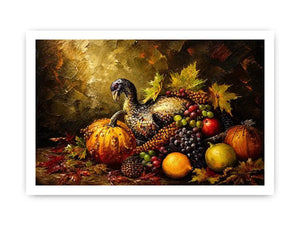 Autumn harvest still life painting with turkey, pumpkins, grapes and warm rustic tones luxury wall art