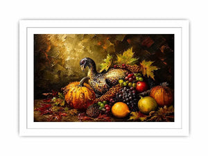 Autumn harvest still life painting with turkey, pumpkins, grapes and warm rustic tones luxury wall art