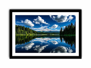 Mountain lake reflection with snow peak forest and blue sky scenic landscape wall art