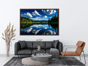 Mountain lake reflection with snow peak forest and blue sky scenic landscape wall art