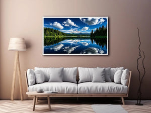 Mountain lake reflection with snow peak forest and blue sky scenic landscape wall art