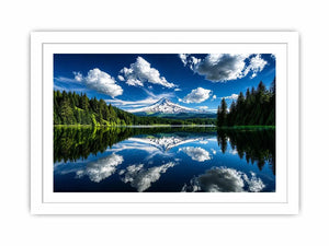 Mountain lake reflection with snow peak forest and blue sky scenic landscape wall art