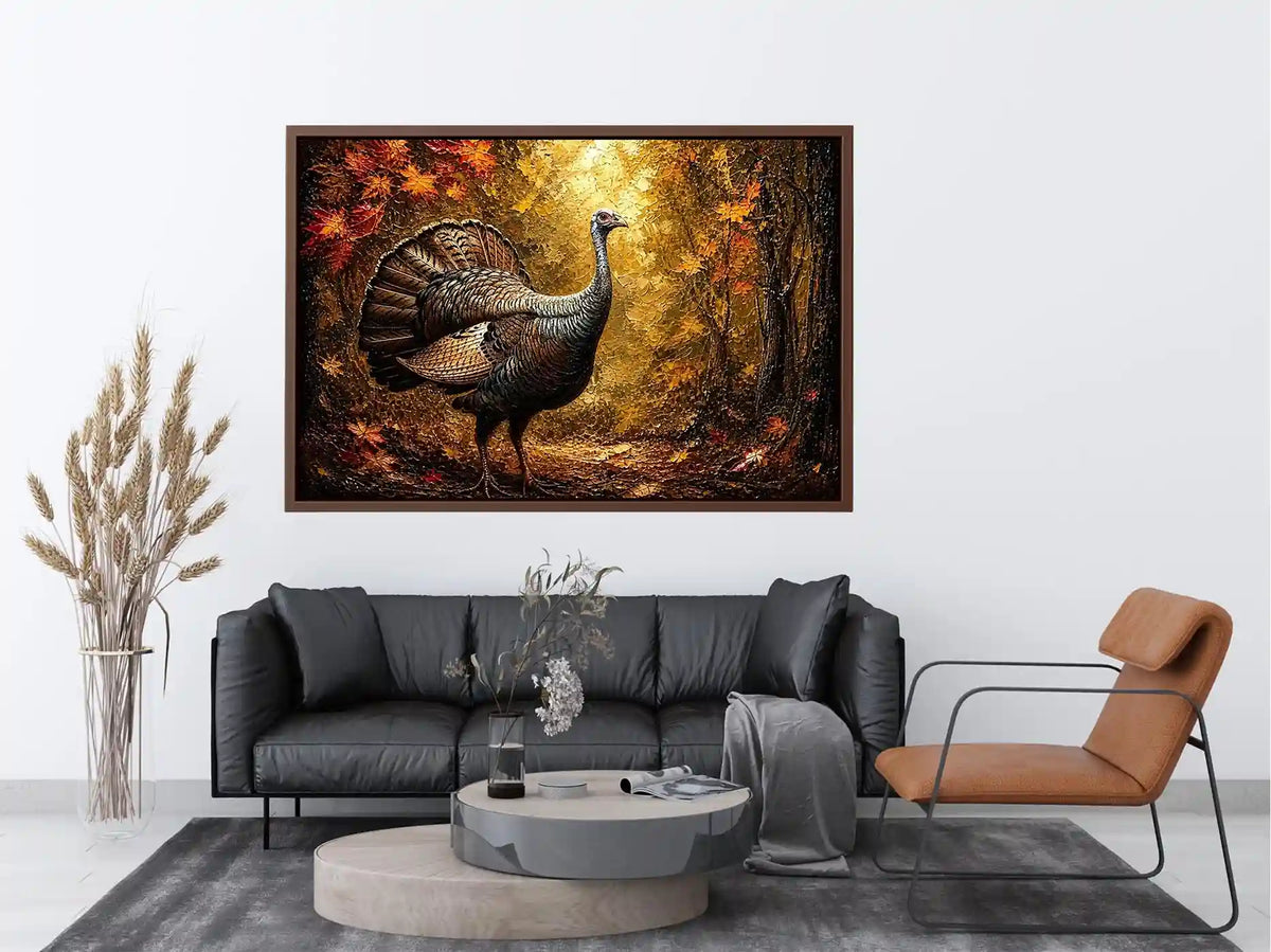 Autumn turkey painting with textured golden background rustic farmhouse luxury wall art