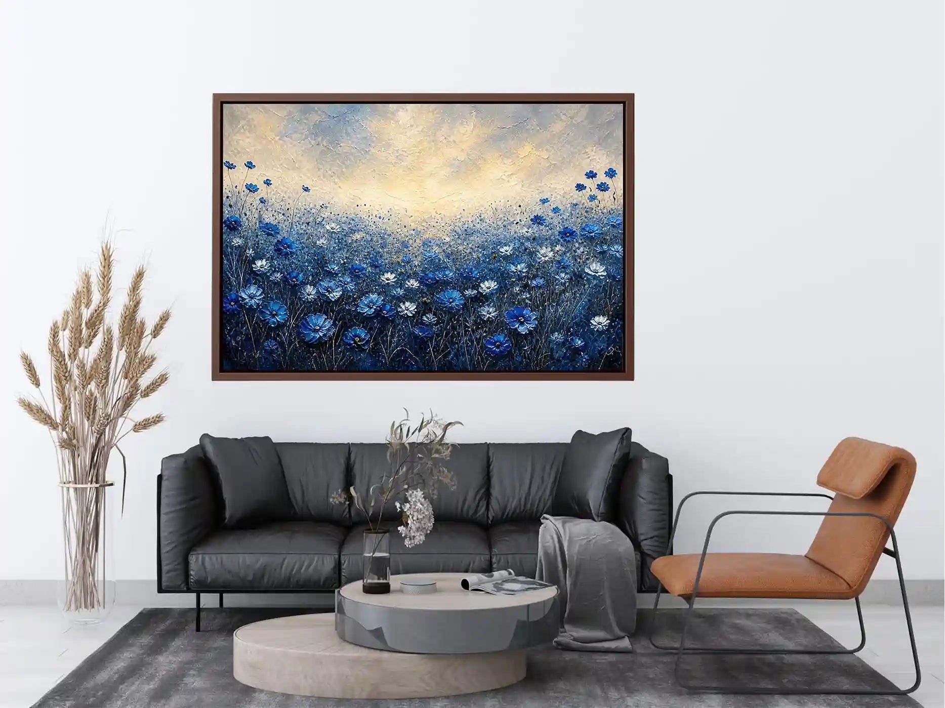 Minimalist blue floral field landscape with soft tones and airy background luxury wall art
