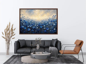 Minimalist blue floral field landscape with soft tones and airy background luxury wall art