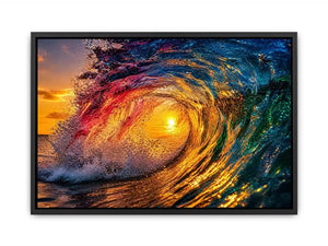 Abstract ocean wave art with teal blue and golden light fluid motion luxury wall art