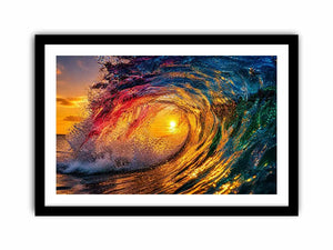 Abstract ocean wave art with teal blue and golden light fluid motion luxury wall art