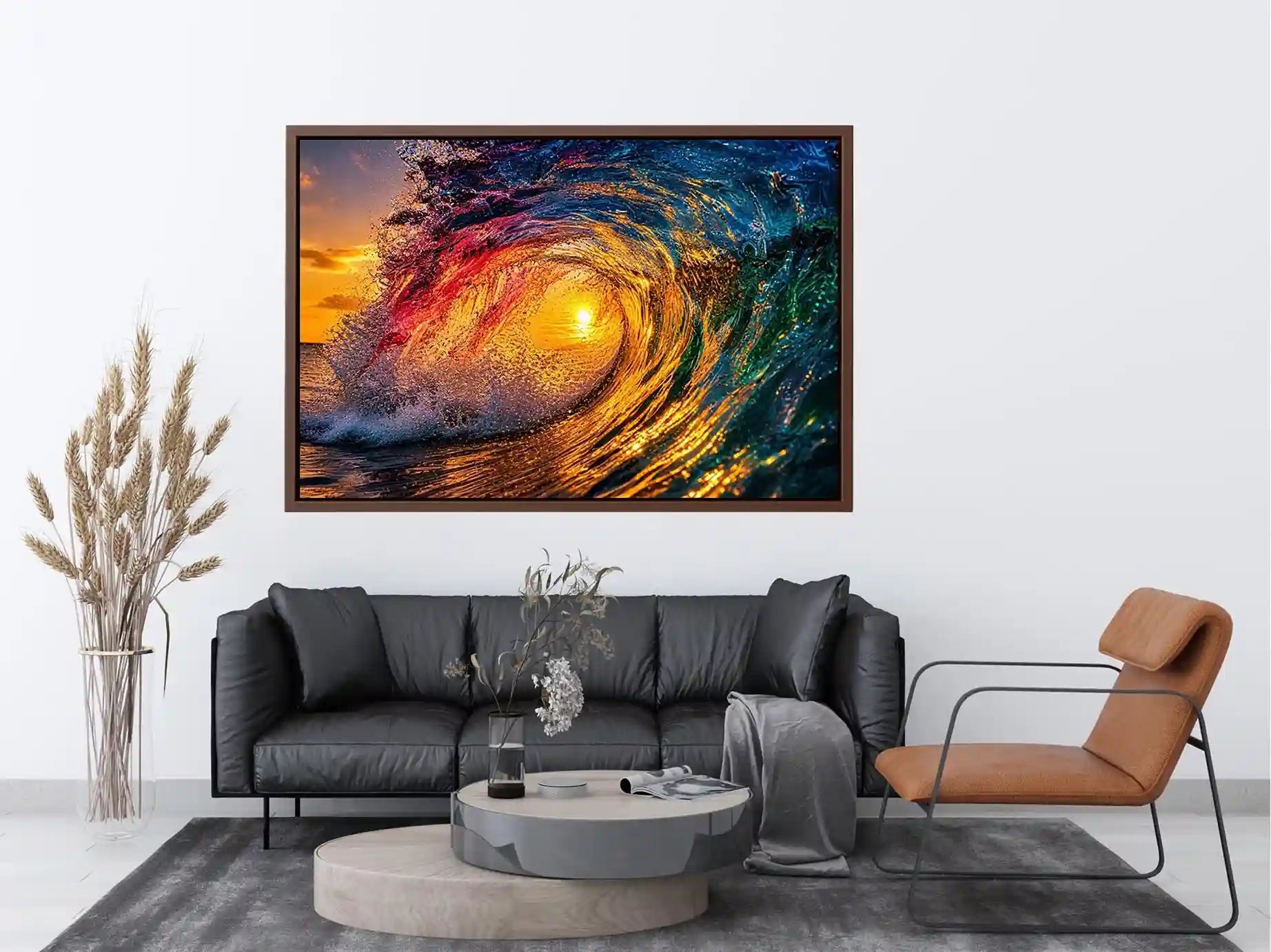 Abstract ocean wave art with teal blue and golden light fluid motion luxury wall art