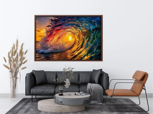 Abstract ocean wave art with teal blue and golden light fluid motion luxury wall art