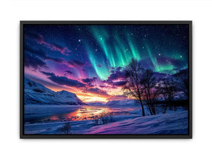 Northern lights landscape with snowy mountains and colorful sky reflection luxury wall art