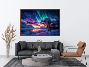Northern lights landscape with snowy mountains and colorful sky reflection luxury wall art