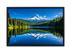 Mountain lake reflection with forest and snow peak in bright natural tones luxury wall art