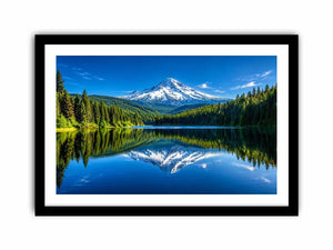 Mountain lake reflection with forest and snow peak in bright natural tones luxury wall art