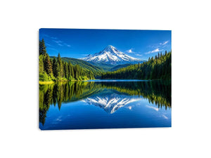 Mountain lake reflection with forest and snow peak in bright natural tones luxury wall art