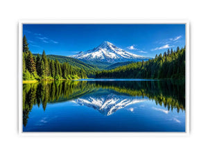 Mountain lake reflection with forest and snow peak in bright natural tones luxury wall art