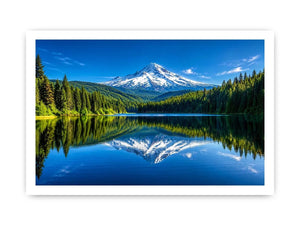 Mountain lake reflection with forest and snow peak in bright natural tones luxury wall art
