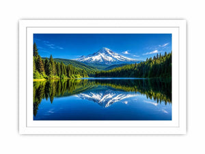 Mountain lake reflection with forest and snow peak in bright natural tones luxury wall art