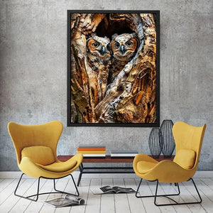 Two owls in tree hollow wildlife photography with soft natural tones rustic luxury wall art