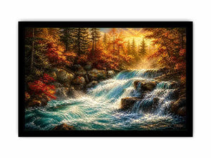 Autumn waterfall landscape painting with warm golden tones and flowing water luxury wall art