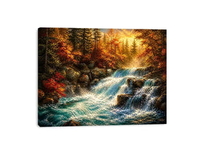 Autumn waterfall landscape painting with warm golden tones and flowing water luxury wall art