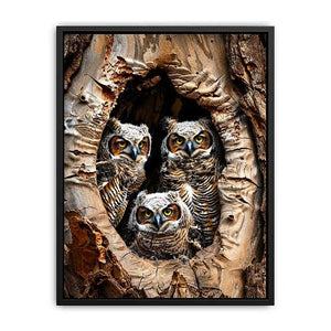Owl family inside tree hollow detailed wildlife nature wall art