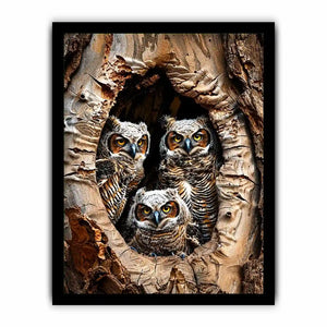 Owl family inside tree hollow detailed wildlife nature wall art