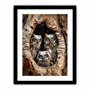 Owl family inside tree hollow detailed wildlife nature wall art