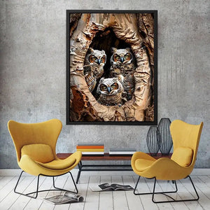 Owl family inside tree hollow detailed wildlife nature wall art