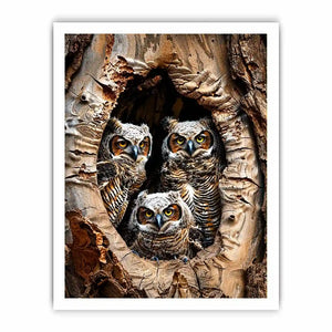 Owl family inside tree hollow detailed wildlife nature wall art