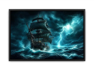 Sailing ship in stormy ocean with lightning dramatic cinematic luxury wall art