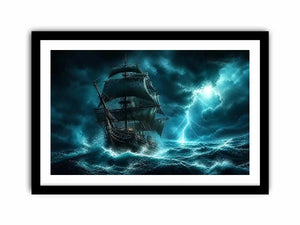 Sailing ship in stormy ocean with lightning dramatic cinematic luxury wall art
