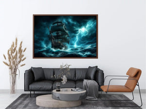 Sailing ship in stormy ocean with lightning dramatic cinematic luxury wall art