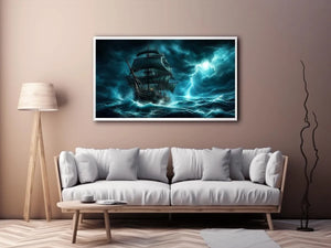 Sailing ship in stormy ocean with lightning dramatic cinematic luxury wall art